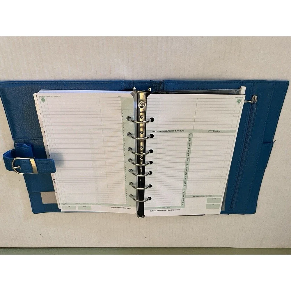Blue Teal Leather Day Timer 7 Ring Binder Organizer 9.25” X 7.25 Daytimer